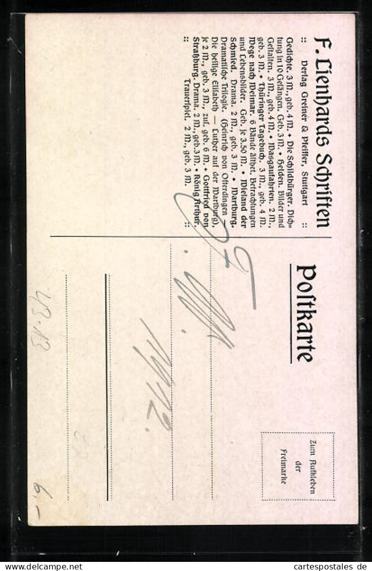 AK Stuttgart, Verlag Greiner & Pfeiffer, F. Lienhards Schriften, Gottfried Von Strassburg Steht Im Abendrot, Bibliothek - Libraries