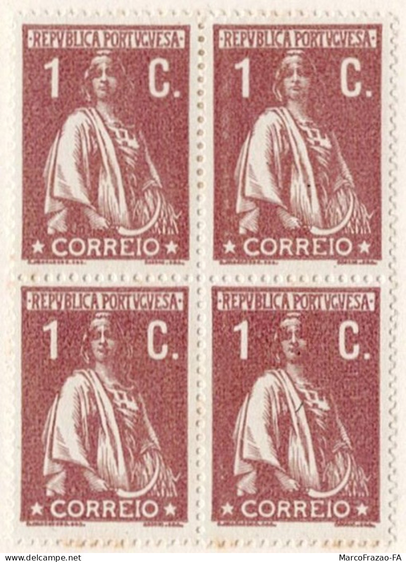 Portugal 1917-20 Ceres, New Rates And Colours. BLOCK Of Mf#221g, 1 C. Brown On CARDBOARD Paper And Perforation 15. Stamp - Altri & Non Classificati