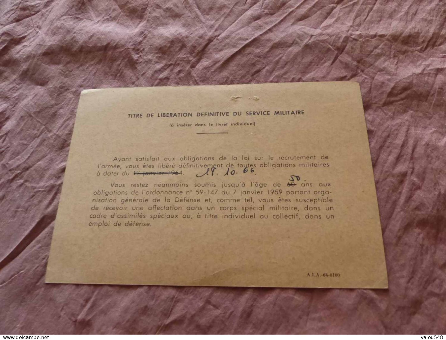 VP-3953 , Document, Service Militaire, Carte Circulant En Franchise, Titre De Libération Définitive Du Service Militaire - Documents