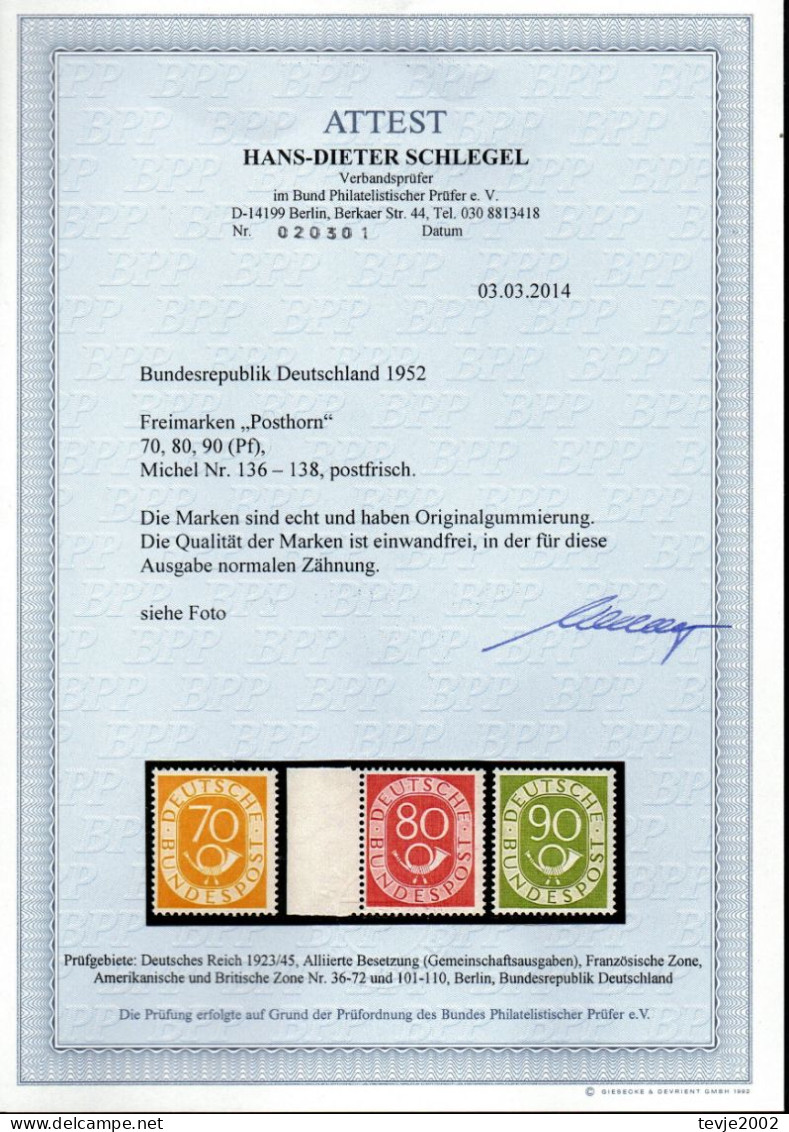 Bund 1951 - Mi.Nr. 136 - 138 - Postfrisch MNH - Geprüft - Ungebraucht