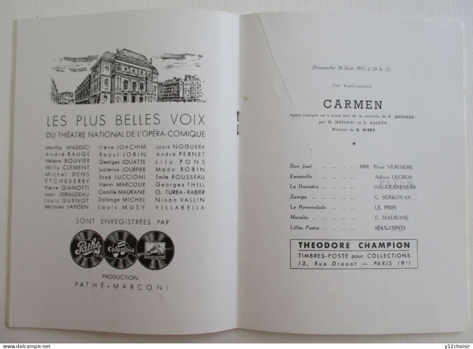Programme THEATRE NATIONAL DE L' OPERA COMIQUE . CARMEN . DENISE SCHARLEY - Programmes