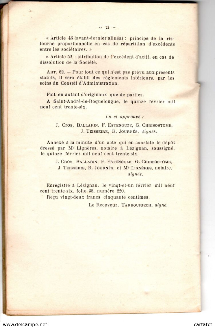 CAVE COOPERATIVE De VINIFICATION De SAINT ANDRE MONTSERET CORBIERES . Statuts Et Règlement Intérieur 1936 - Autres & Non Classés
