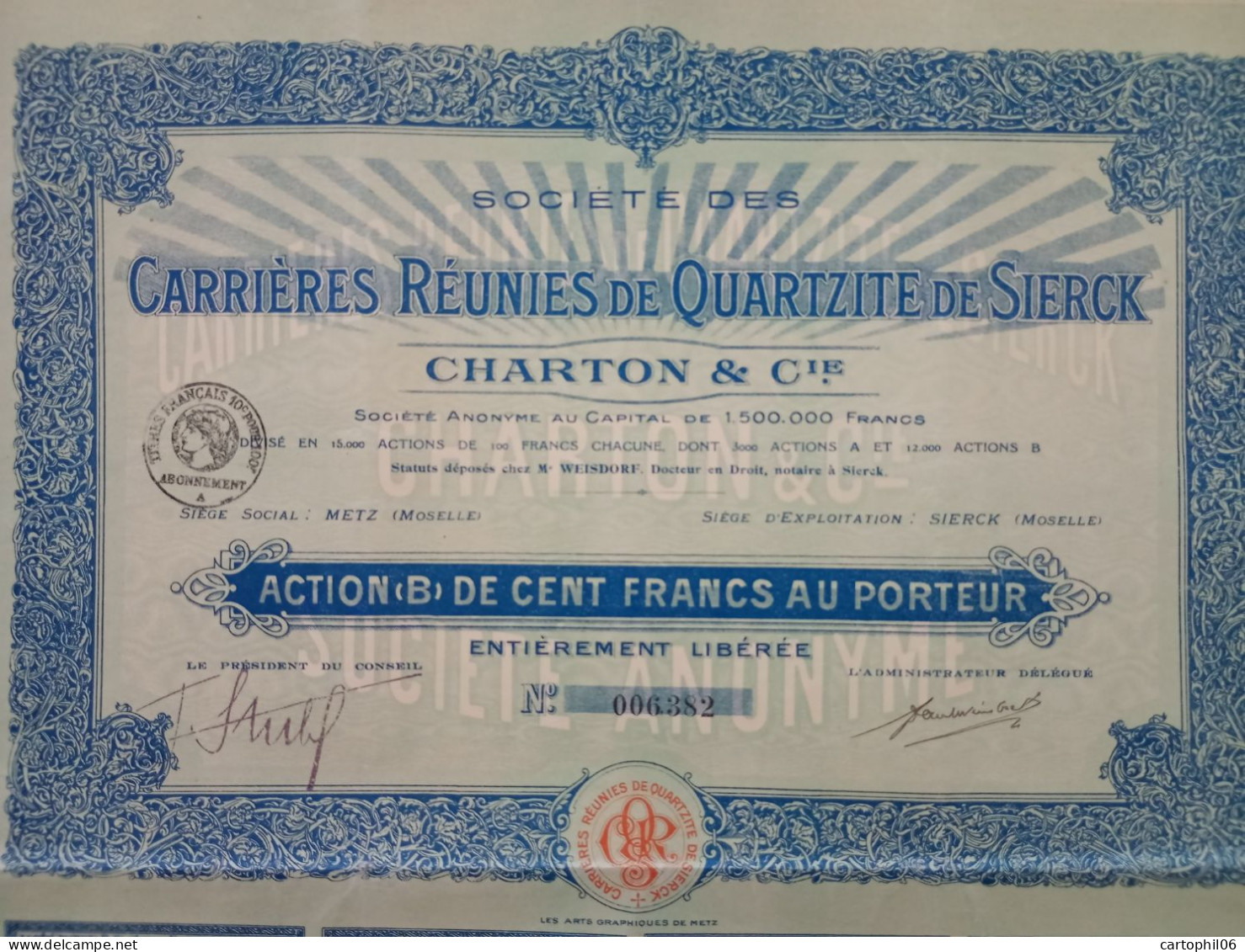 - ACTION CARRIÈRES RÉUNIES DE QUARTZITE DE SIERCK, CHARTON & Cie - - Other & Unclassified