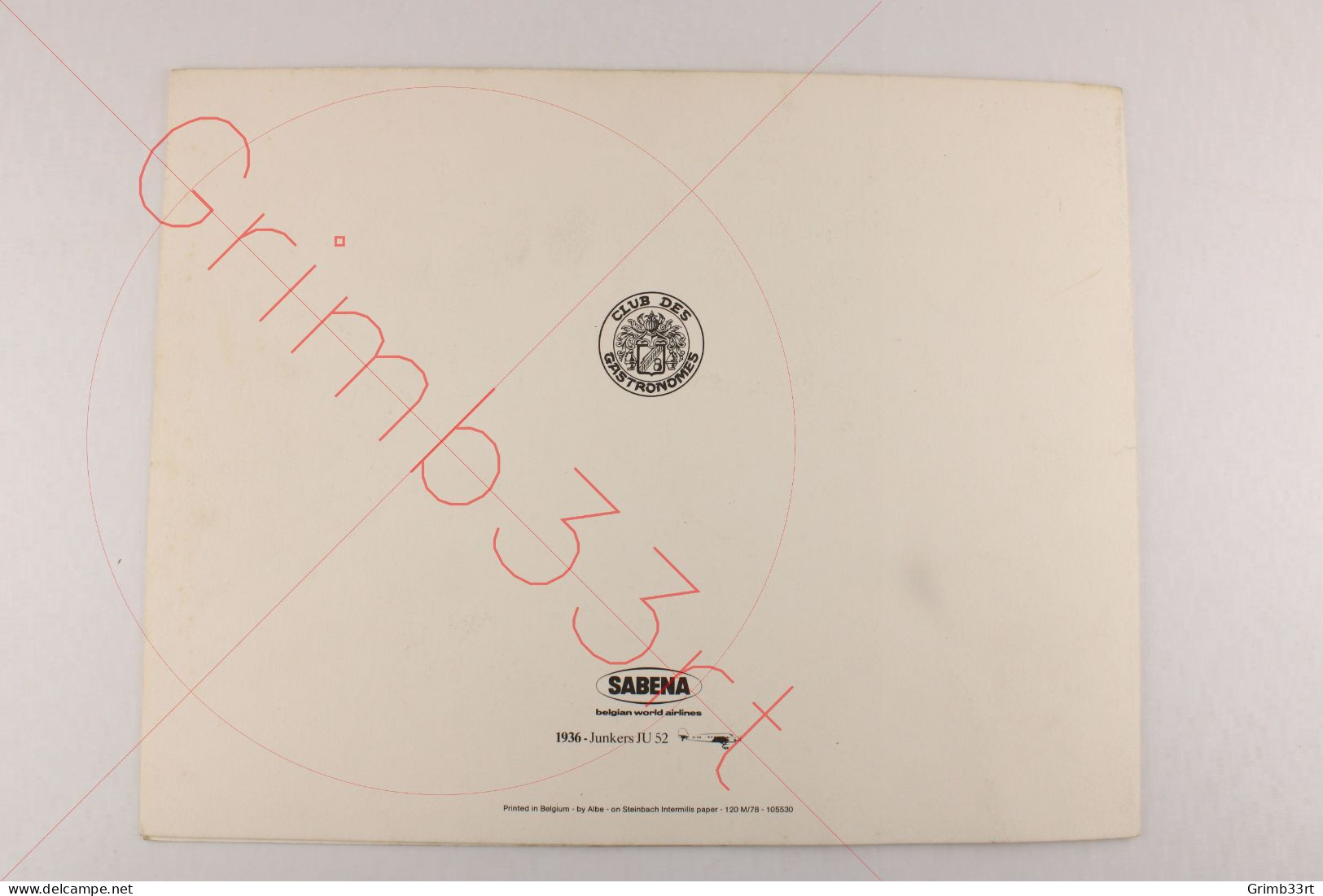 SABENA  - 1936 Junkers JU 52 - Abu Dhabi-Brussels, Dhahran-Brussels - Menu (23 X 29.5 Cm) - Menus