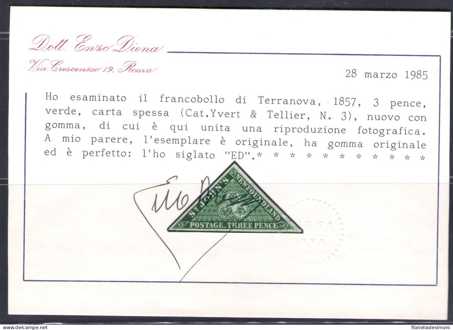 1857-64 TERRANOVA SG 3 3 Pence Verde Giallastro - MH* - Other & Unclassified