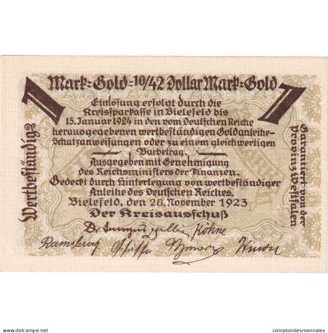 Allemagne, Bielefeld, 1 Mark Gold, 1923-11-28, SPL - Monetary /of Necessity