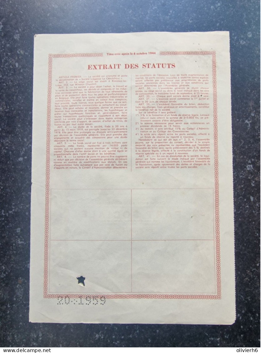 VP ACTIONS PART SOCIALE (V2507) SCRIPOPHILIE (3 Vues) Société Liégeoise Le Caoutchouc N°002390 - Industrie