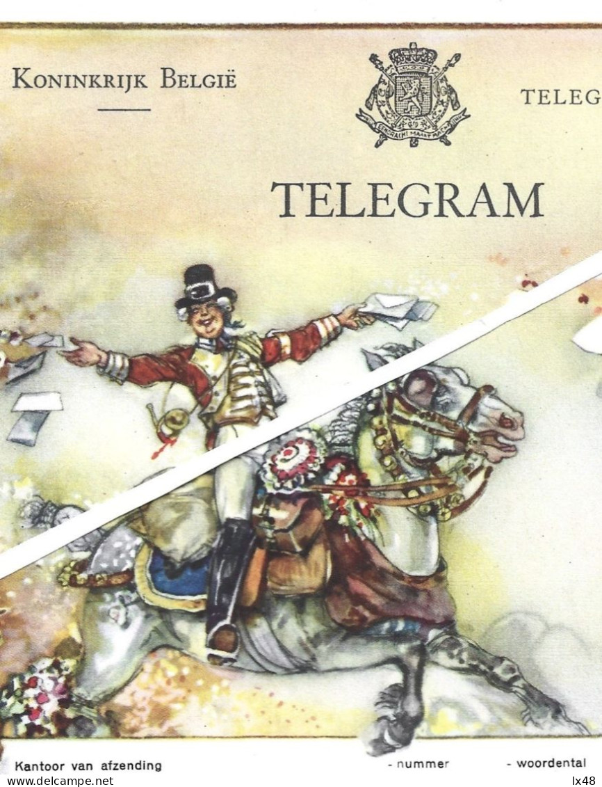 Belgian Postage-paid Wedding Telegram Circulated In Antwerp 1957. 'Postman On Horseback' Painting By Charles Michel. - Modern