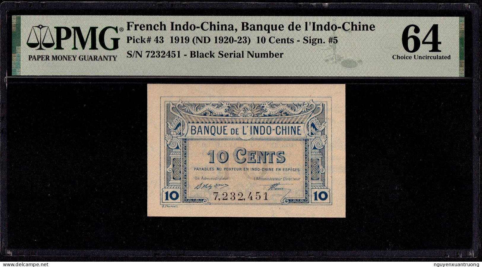 French Indochina 10 Cents 1919 UNC PMG 64 Pick 43. - Indochina