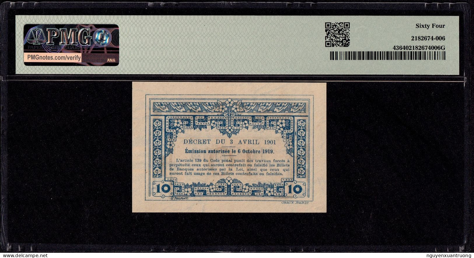 French Indochina 10 Cents 1919 UNC PMG 64 Pick 43. - Indochina