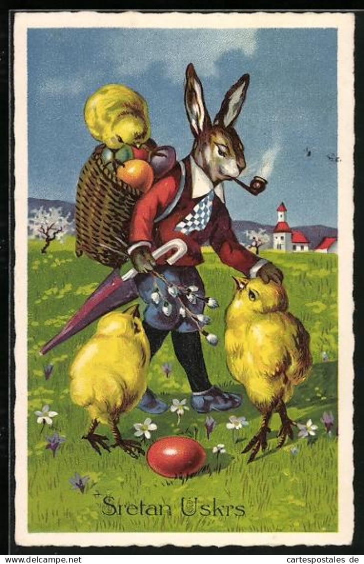 AK Osterhase Mit Korb Voller Ostereier Und Schirm - Ostern