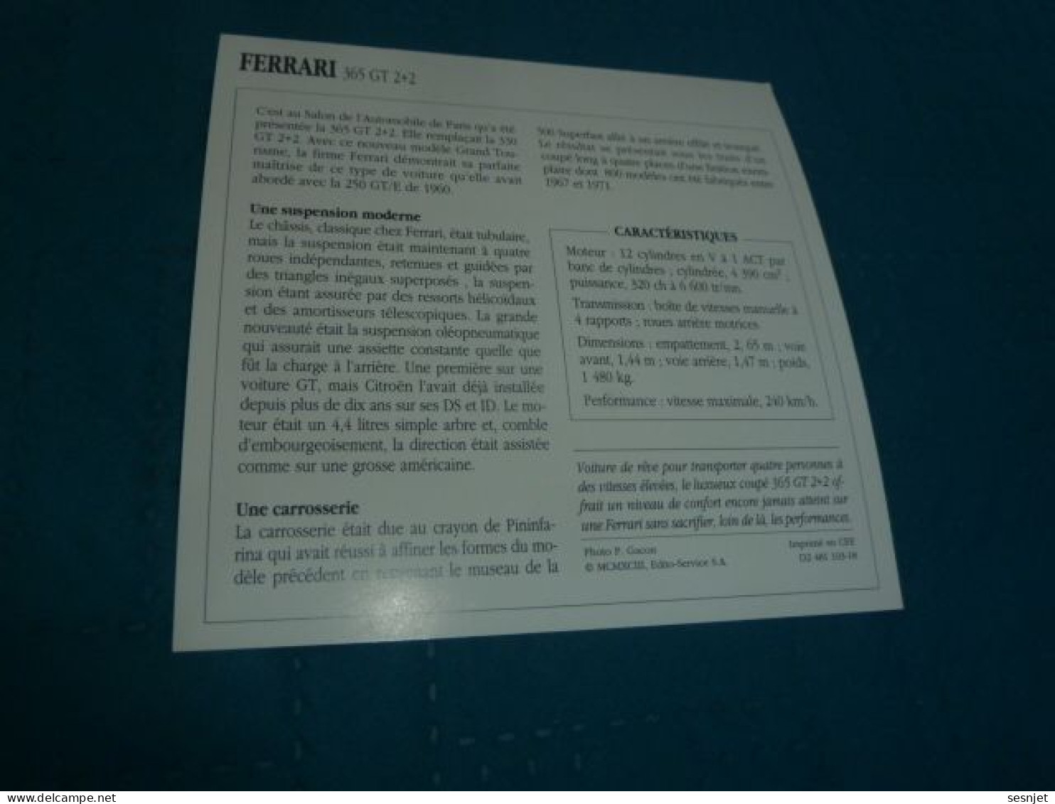 Voitures Grand Tourisme - Ferrari 365 GT 2+2 - Moteur 12 Cylindres En V à 1 Act - Italie - Fiche Technique - - Auto's