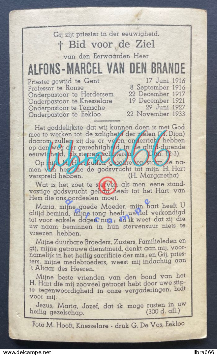 Eerwaarde Heer - VAN DEN BRANDE Alfons Marcel °WIEZE 1890 +EEKLO 1939 - Onderpastoor Herdersem, Knesselare En Temse - Obituary Notices