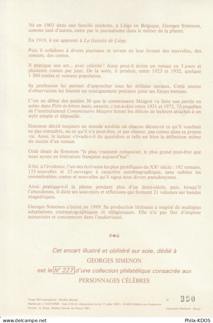 (390/900 Ex) SIMENON FRANCE SUISSE BELGIQUE Sur Encart 1er Jour En Soie N°té. Ed° A.M.I.S. N°YT 2911+.. FDC à Saisir ! - Emissions Communes