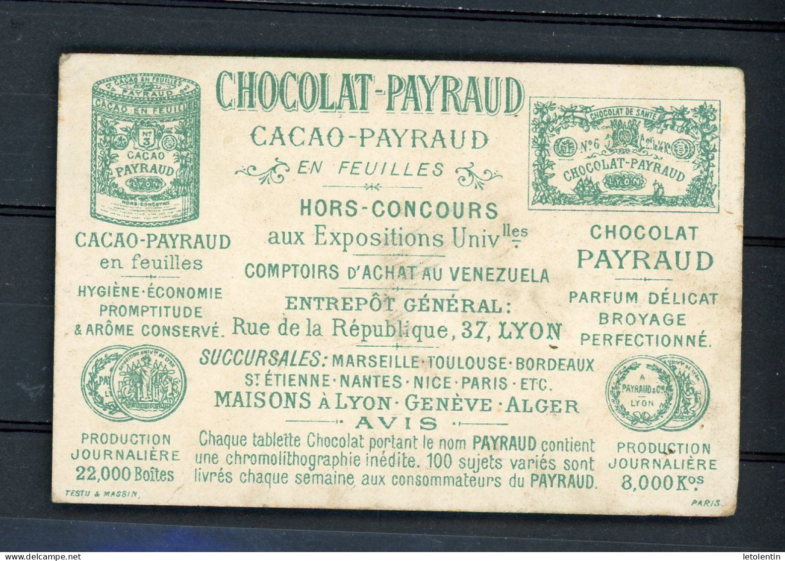CHROMO - CHOCOLAT-PAYRAUD - LYON -  (MADEMOISELLE)  6,5X9,5 CM. - Sonstige & Ohne Zuordnung
