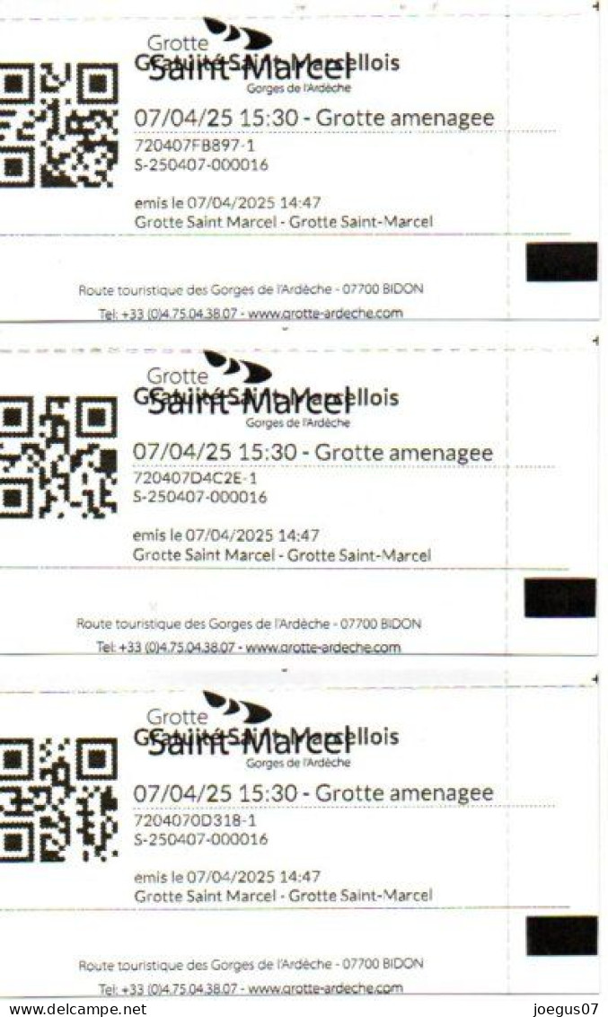 3 Tickets D'entrée Grotte De SAINT MARDEL D'ARDECHE Du 07/04/2025 - Eintrittskarten