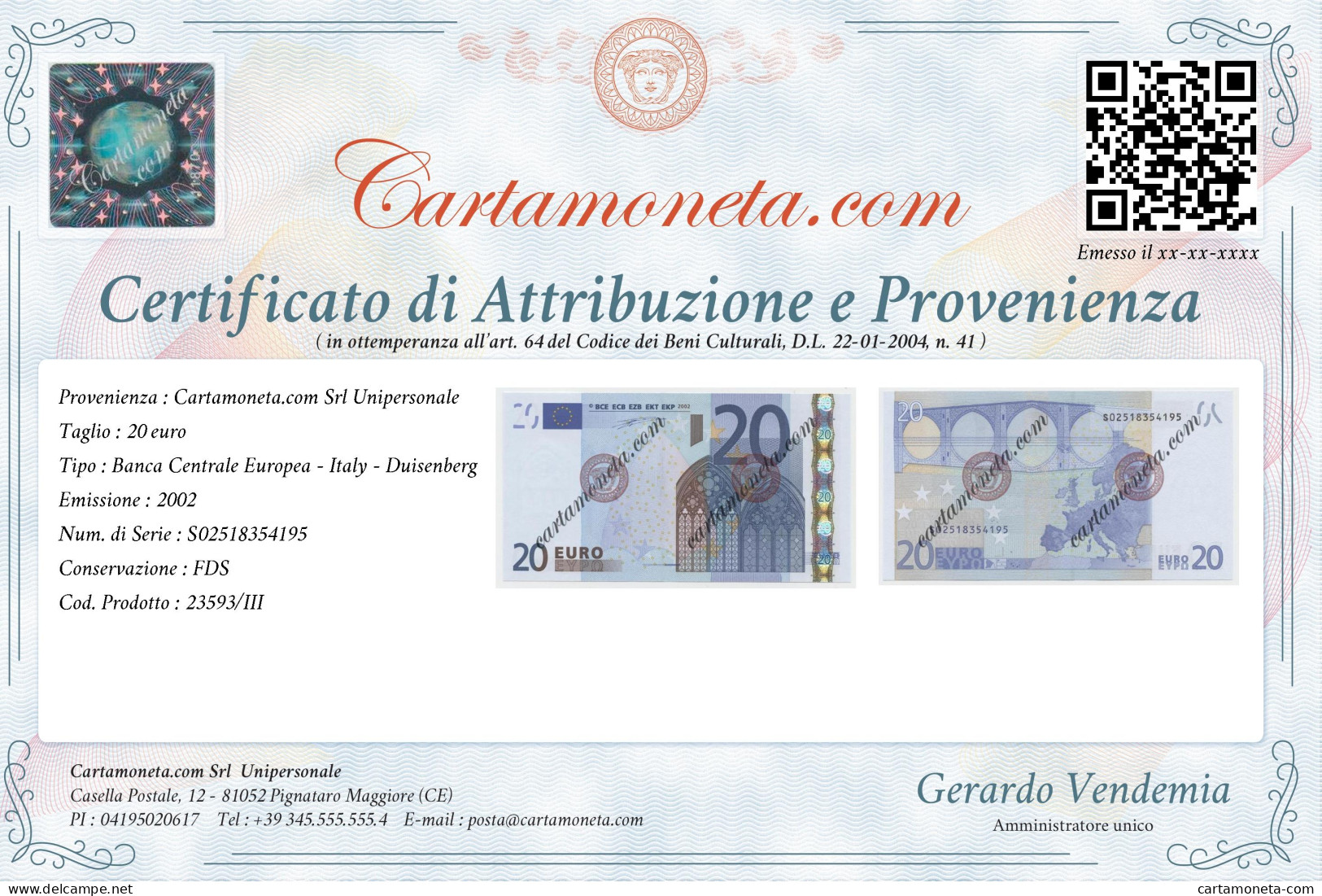 20 EURO ITALY FIRST SERIES DUISENBERG J002 2002 FDS - Autres & Non Classés