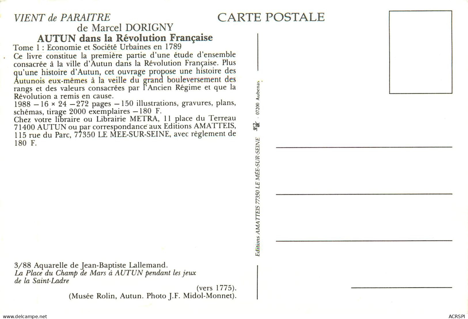 AUTUN Aquarelle De JB Lallemand 17  (scan Recto-verso) KEVREN0626 - Autun