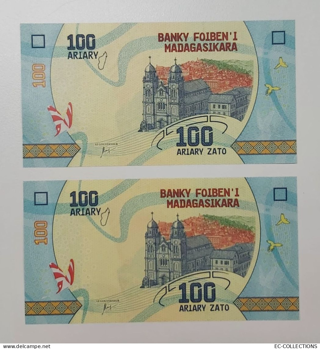 MADAGASIKARA BANKNOTES 2017 100 Ariary X 2Pcs Consecutive S/N B21335625-26 UNC - Madagascar