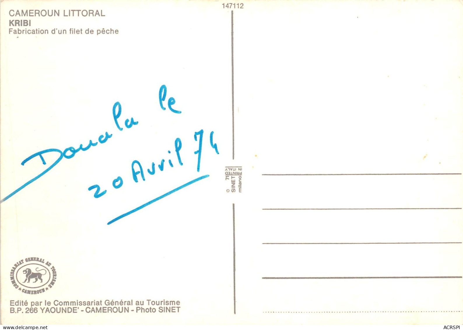 CAMEROUN Littoral KRIBI Fabrication D Un Filet De Peche 5(scan Recto-verso) MA202 - Cameroon