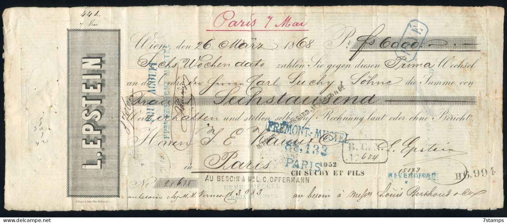 France 1868 Effets De Commerce 3fr (Yvert 36) PRÉDÉCOUPAGE DE BANQUE SCHLENKER (Lyon) Sur Cheque Complet, €1,200, RARETÉ - Briefe U. Dokumente
