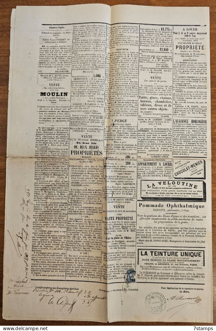 France 1875 Journal Complet Le Courrier De Mostaganem (Algérie) Avec Timbre De Dimension 3fr Et 2/10, Yvert 37, Superbe - Brieven En Documenten