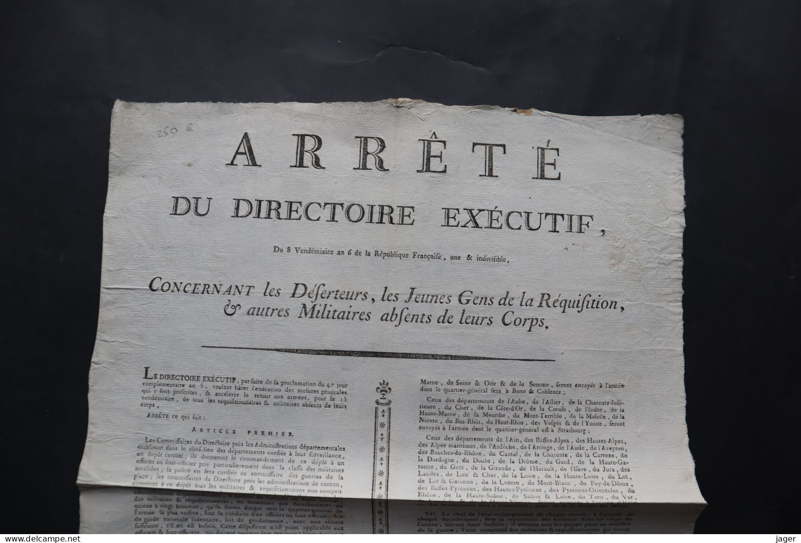 Affiche Arrêté Du DIRECTOIRE  Déserteurs AN  6 Autographes    /27/ - 1914-18
