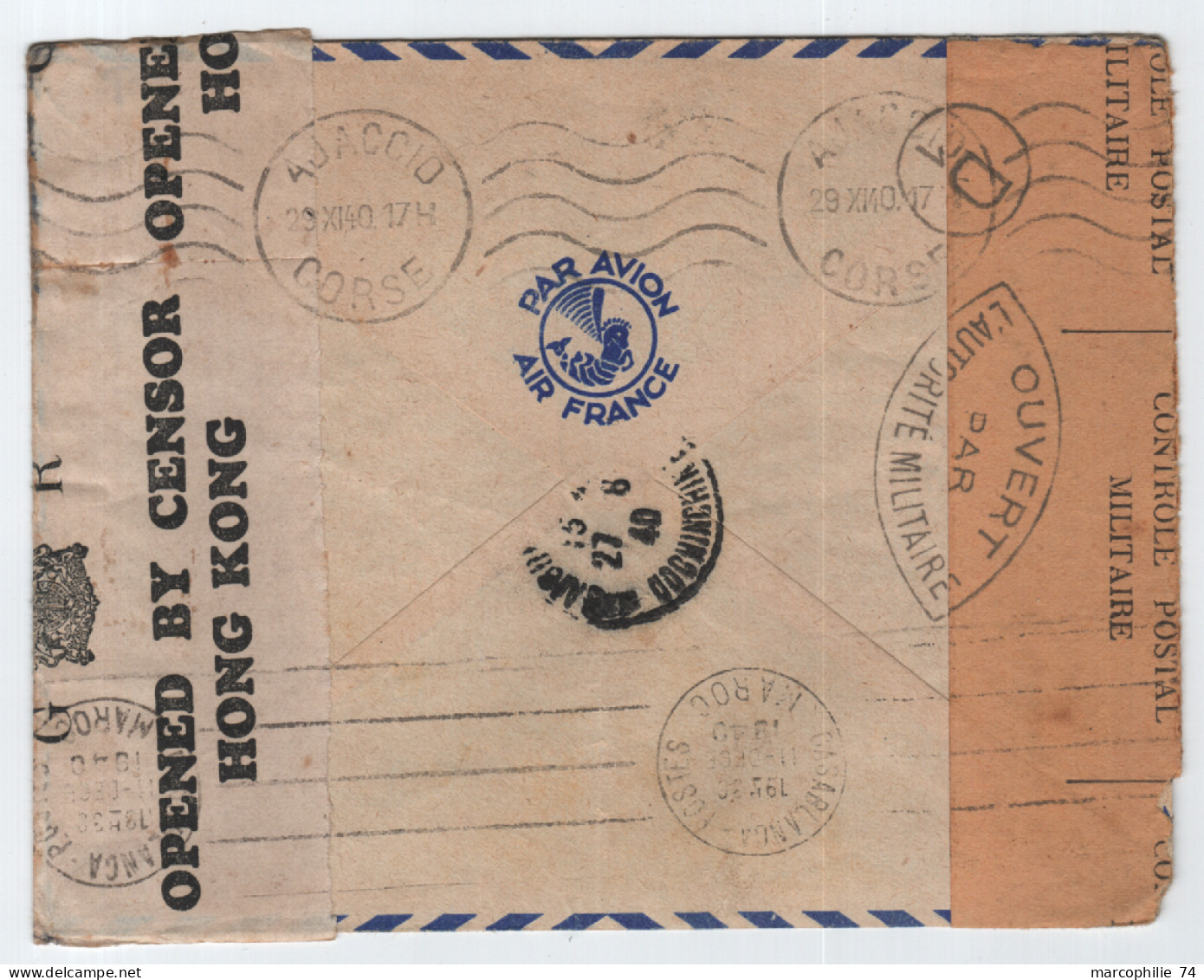 INDOCHINE LETTRE FM AVION PNOMPENH CAMBODGE 1940 TO CORSE REEX MAROC CENSOR HONG KONG + FRANCE RARE - WW II