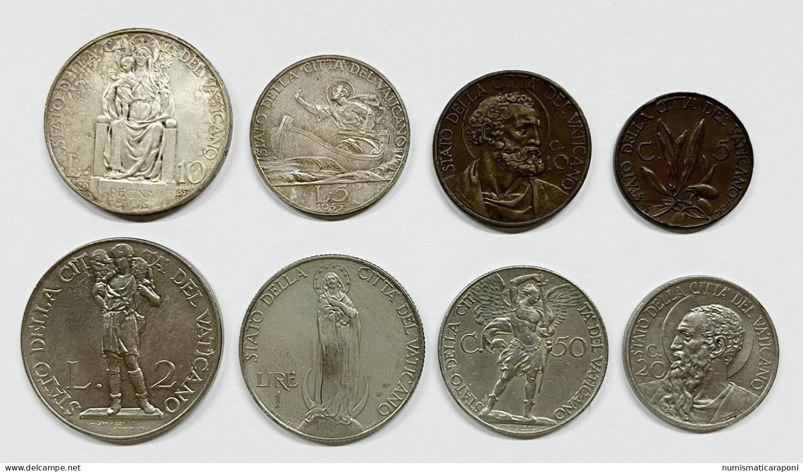 VATICANO Pio XI 1929-1939 8 Valori 1935, Anno XIV,  10 , 5 Lire FDC (Ag); 2 FDC, 1 Lira 0,50 0,20 0,10 0,05 Cent Spl - Vaticano