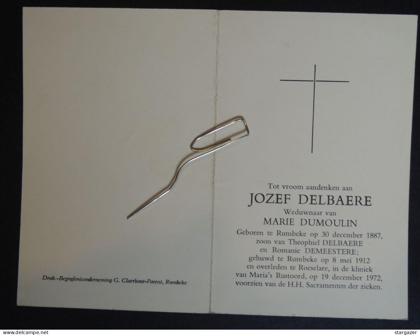 BP Jozef Delbaere (Rumbeke °1887 - +1972), Vlaamse Schrijver En Heemkundige (Rumbeke Bij Roeselare) - Todesanzeige