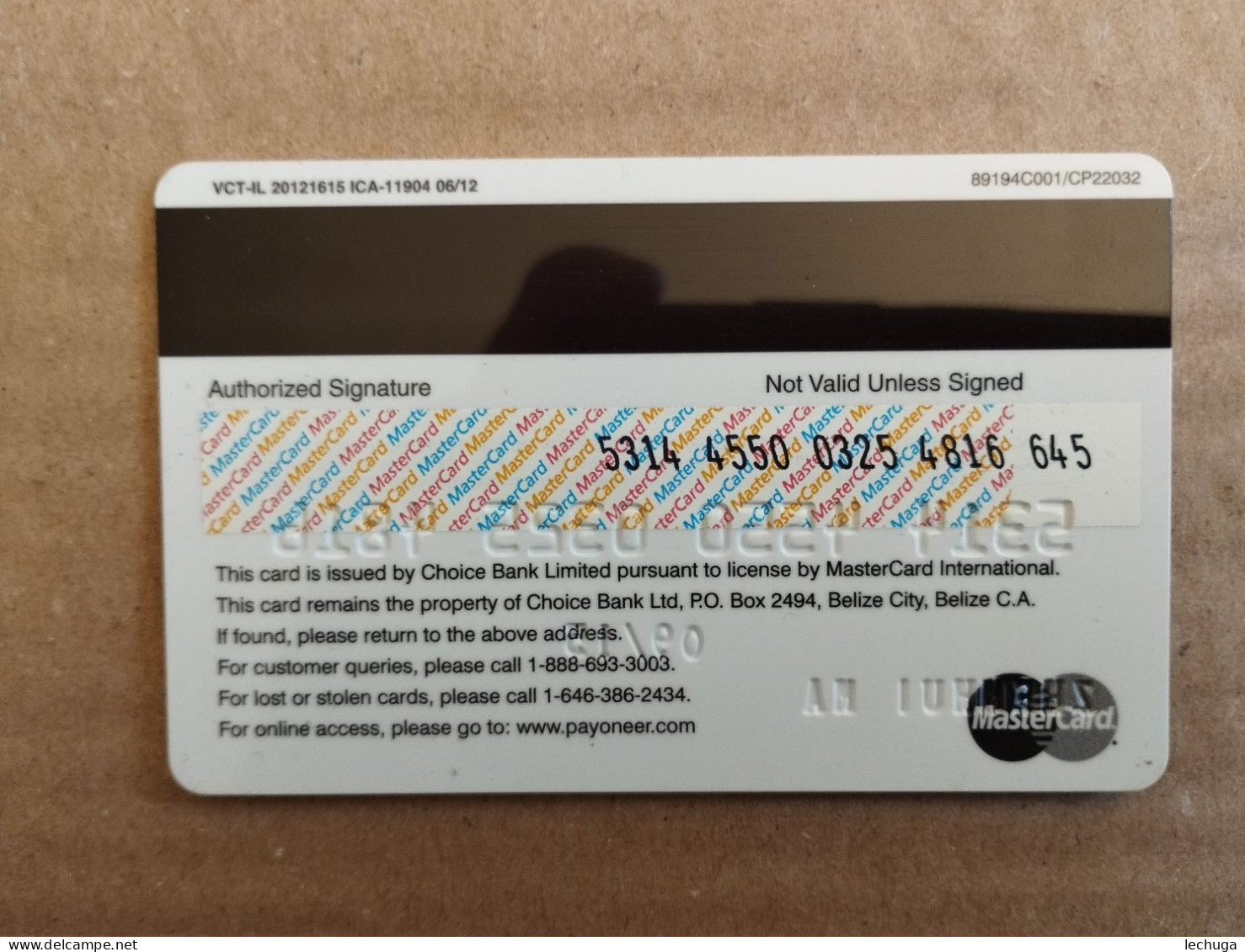 Belize MasterCard Payoneer Choice Bank 09.15 - Credit Cards (Exp. Date Min. 10 Years)