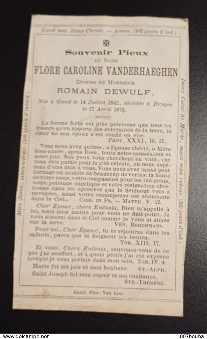 FLORE VANDERHAEGHEN ( EP. ROMAIN DEWULF) / GAND 1842 - BRUGES 1878 / LITHO FL. VAN LOO - Todesanzeige