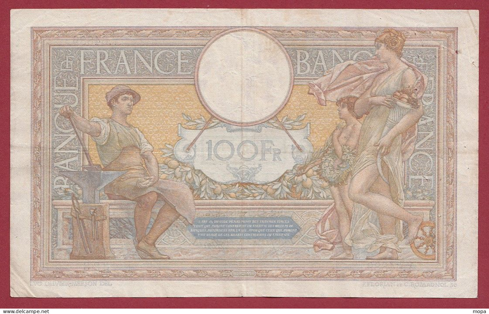 France 100 Francs "Luc Olivier Merson "  Du 16/02/1939. RE Alph .Y.64889 (38) Dans L 'état - 100 F 1908-1939 ''Luc Olivier Merson''