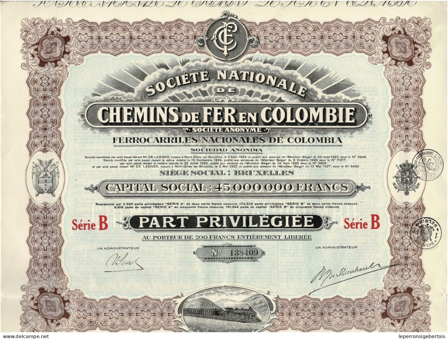 - Titre De 1927 - Société Nationale De Chemins De Fer En Colombie - Déco - N°138410 - Ferrocarril & Tranvías