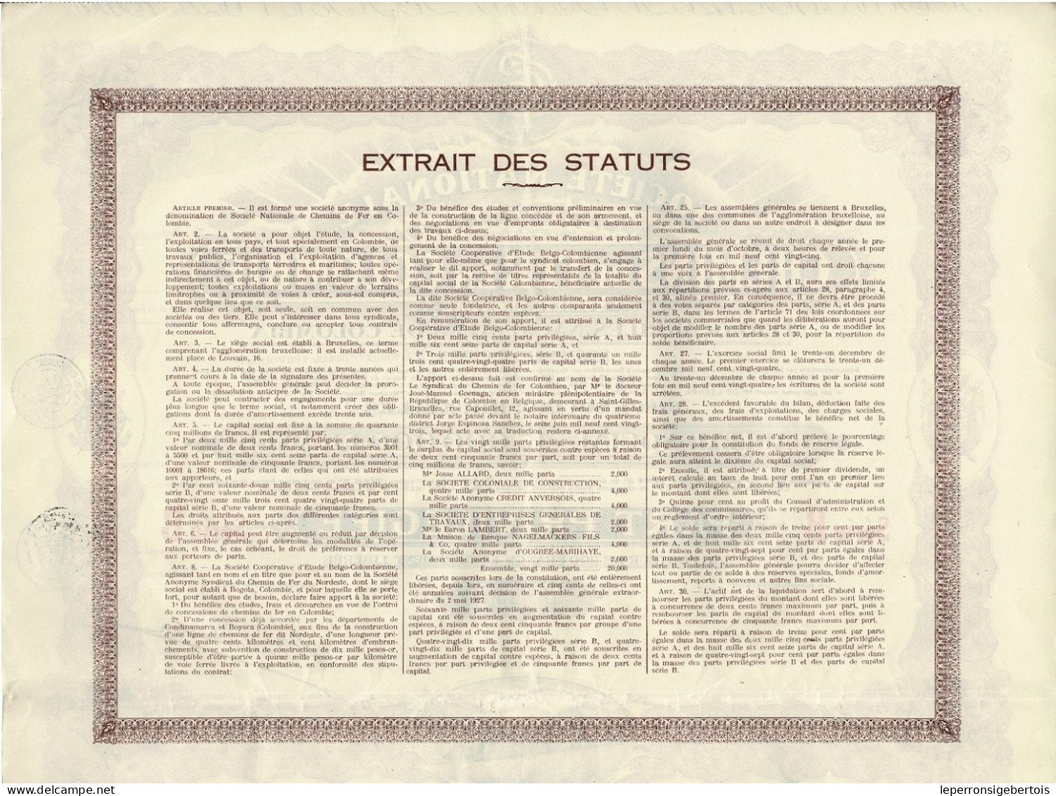 - Titre De 1927 - Société Nationale De Chemins De Fer En Colombie - Déco - N°138410 - Ferrocarril & Tranvías