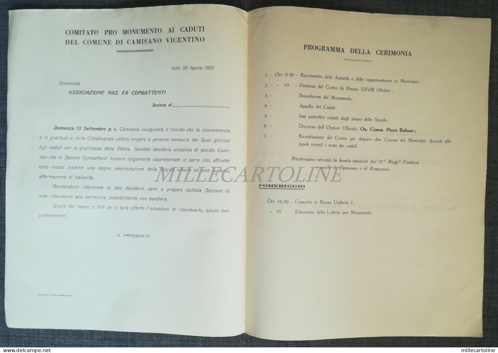 COMITATO PRO MONUMENTO CADUTI CAMISANO VICENTINO - Programma Cerimonia 1925 - Décrets & Lois