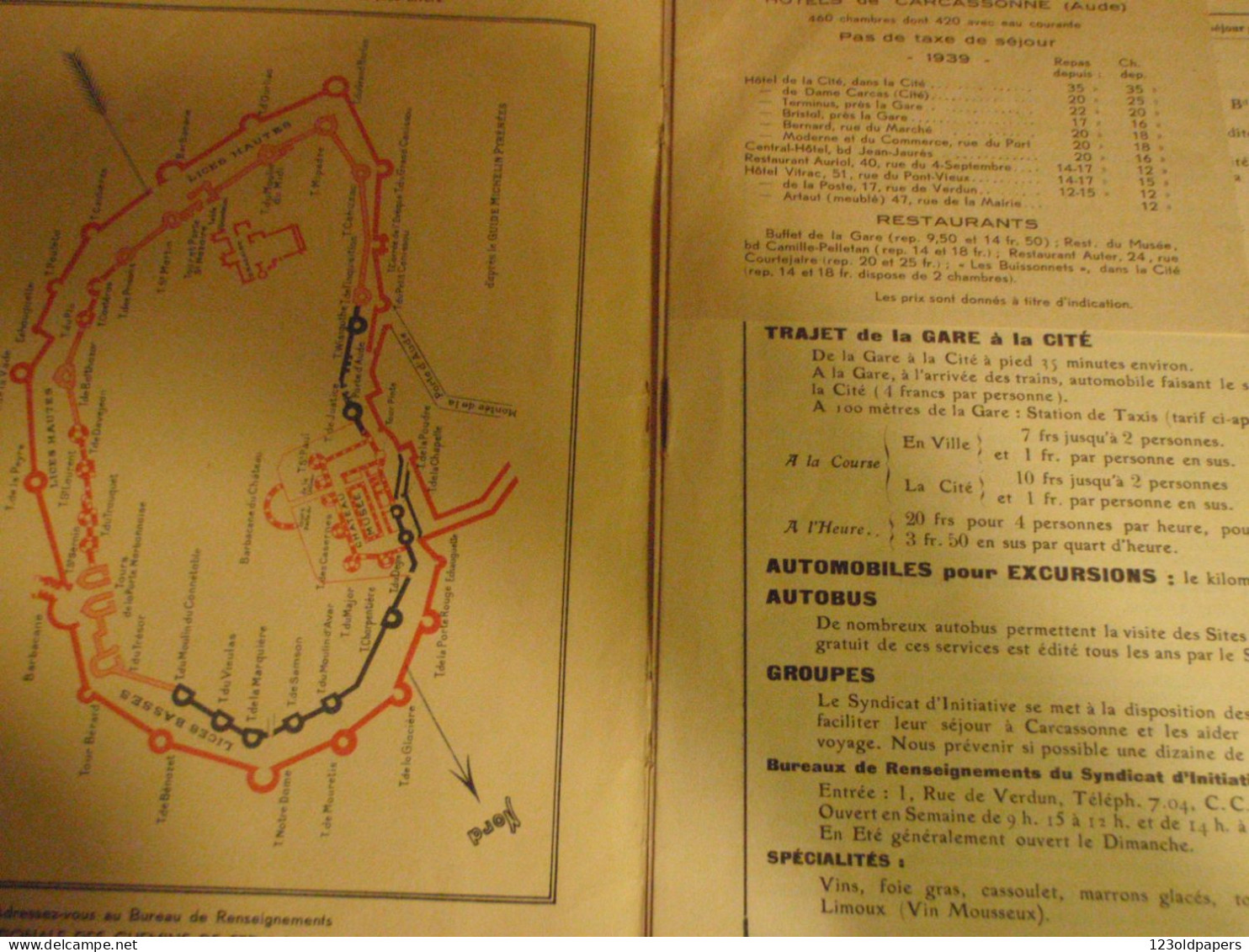 1939 CARCASSONNE AUDE DESSIN ROBIDA COMMERCES HOTELS EXCURSIONS PLAN CARTE ... - Reiseprospekte