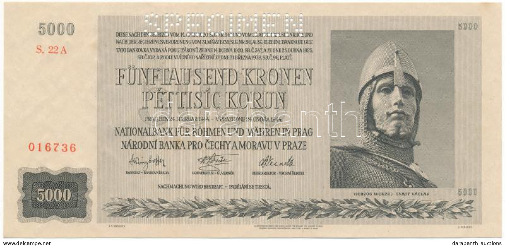 Német Harmadik Birodalom / Cseh-Morva Protektorátus 1944. 5000K "S.22 A 016736", "SPECIMEN (MINTA)" Perforációval T:I Ge - Non Classificati