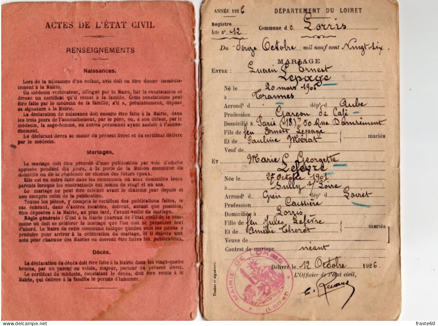 Livret De Famille Commune De Lorris (Loiret) Arrondissement De Montargis - Non Classificati