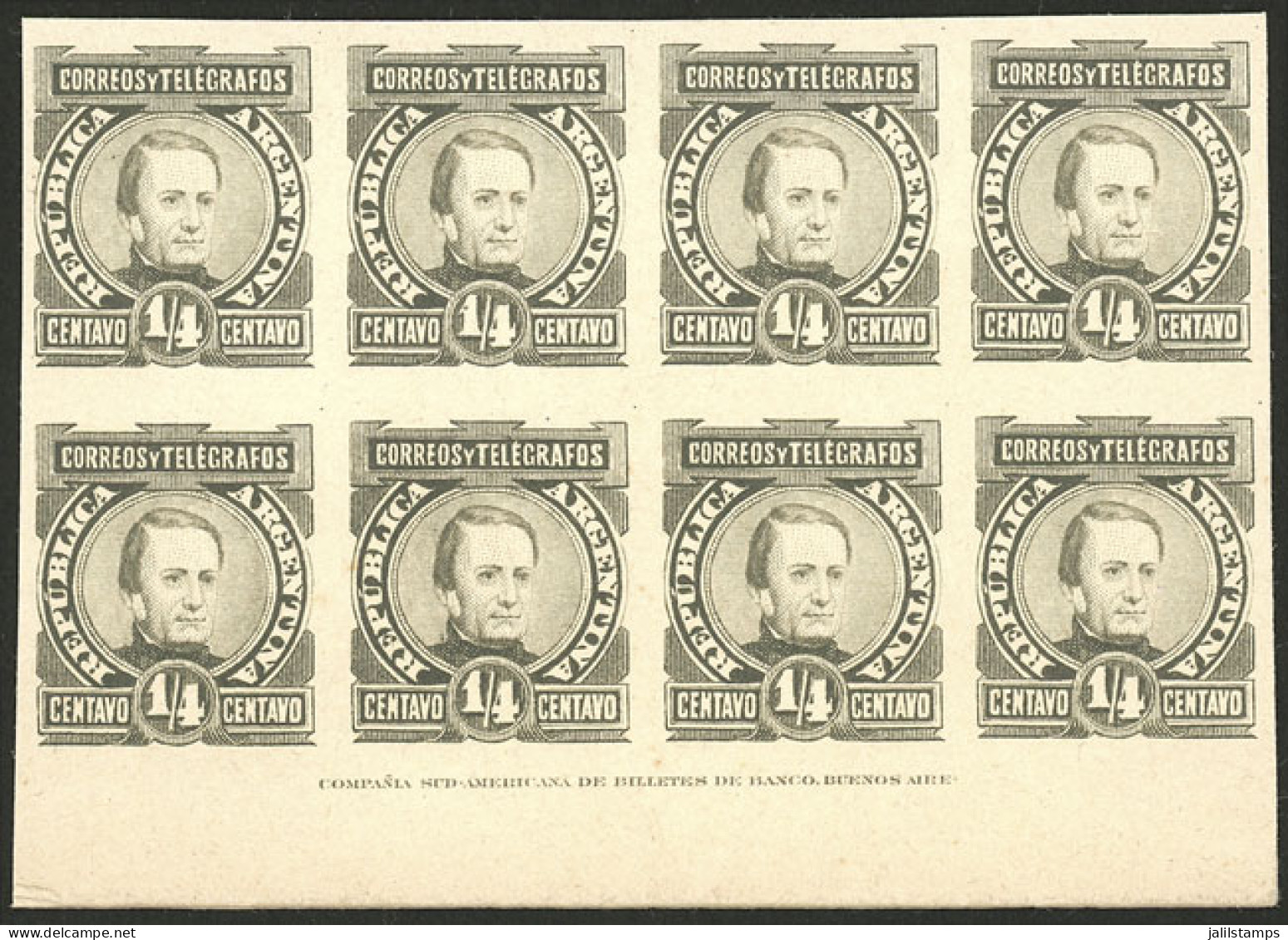 ARGENTINA: GJ.96, ¼c. Paz, COLOR PROOF In Gray, Block Of 8 Printed On Card, With Lower Sheet Margin And Printer Imprint, - Altri & Non Classificati