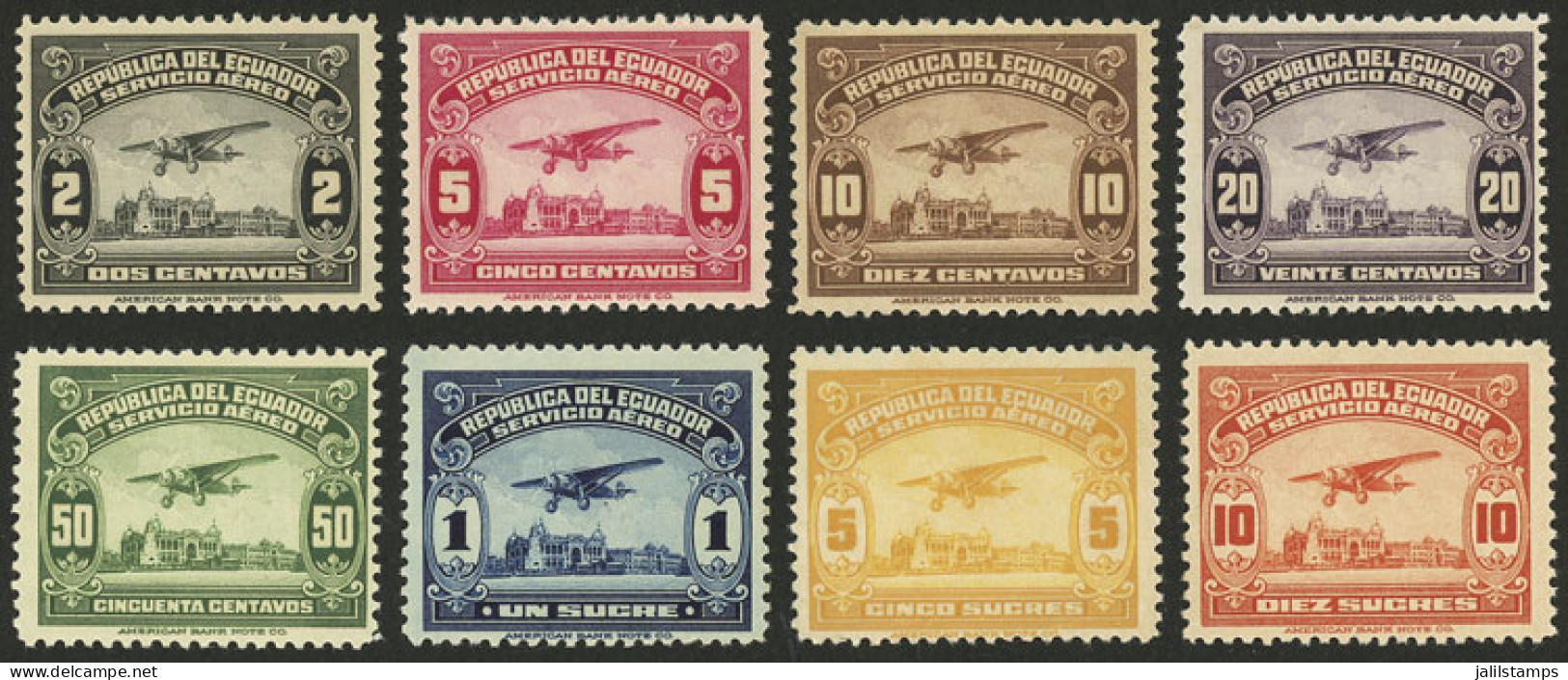 ECUADOR: Yvert 18/25, 1929 Airplane Over Guayaquil, Set Of 8 MNH Values, Very Fine Quality! - Ecuador