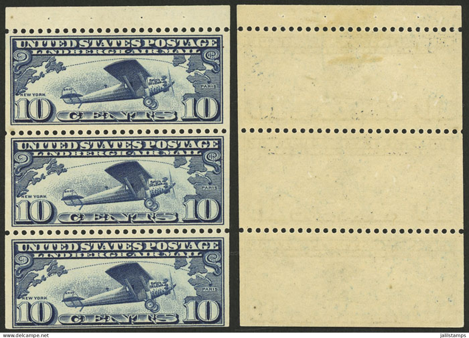 UNITED STATES: Yvert 10, 1927 Lindbergh Transatlantic Flight, Pane Of 3 Values From The Booklet, Excellent Quality! - Autres & Non Classés