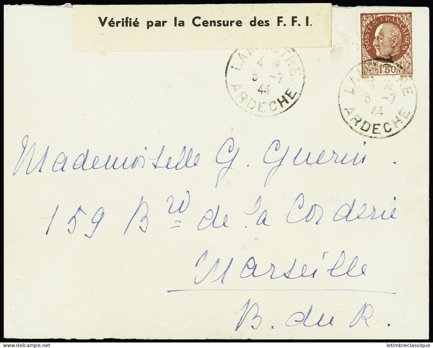 Lettre N°517 Obl "Lamastre Ardèche" (3.7.44) Sur Lettre Avec Bande Imprimée En Noir "Vérifié Par La Censure Des FFI". TB - Guerra Del 1939-45