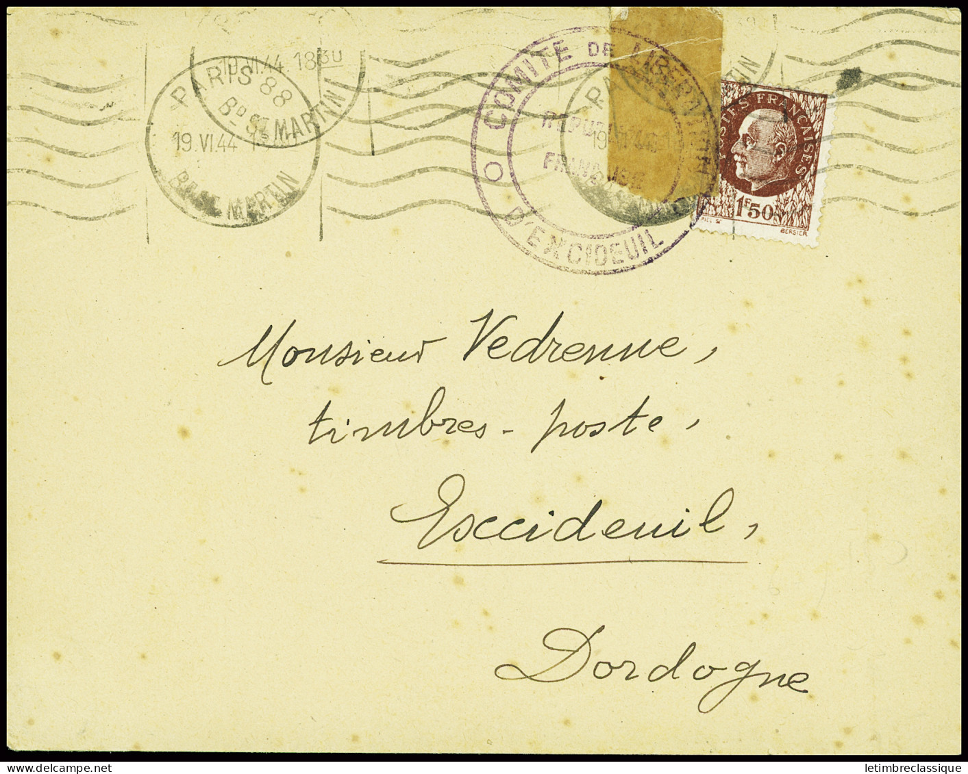 Lettre N°517 Obl Paris 88 (19.6.44) Sur Lettre Pour Excideuil (Dordogne) Avec Censure Bande De Scotch + Cachet Violet "C - Guerra Del 1939-45