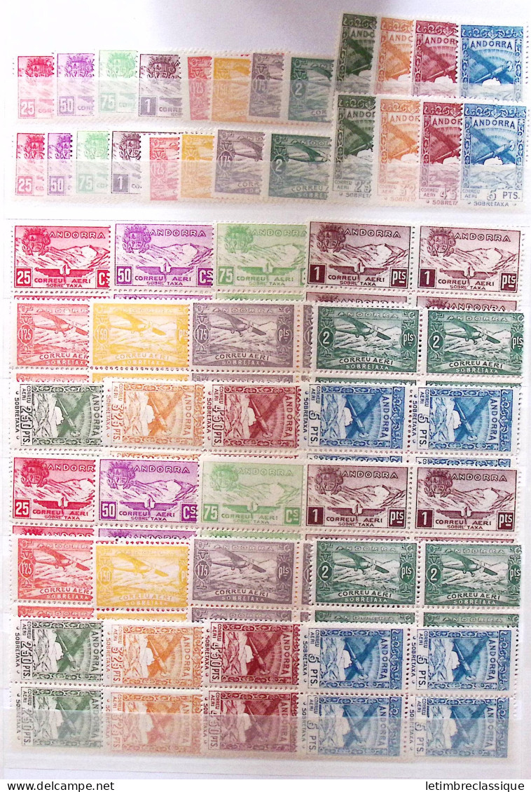 ** 1932-2006, Stock d'ANDORRE en classeur par maximum 10 ex., dont Andorre espagnol Maury PA 1A/1L et 2A/2L par 10 ex. (