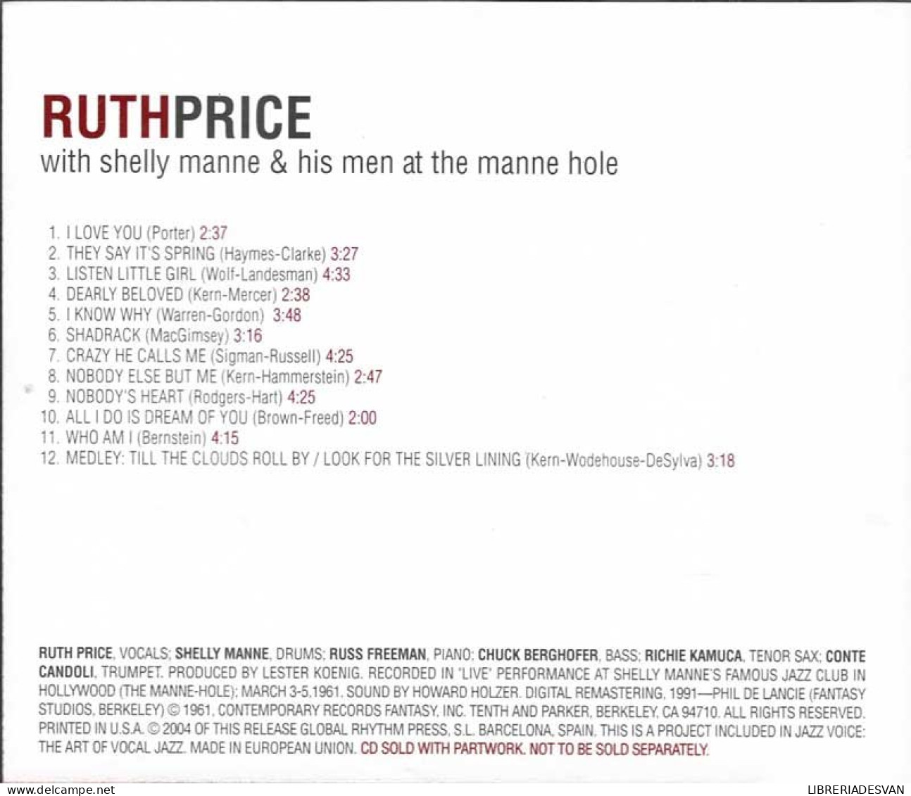 Ruth Price With Shelly Manne & His Men - At The Manne Hole. CD - Jazz