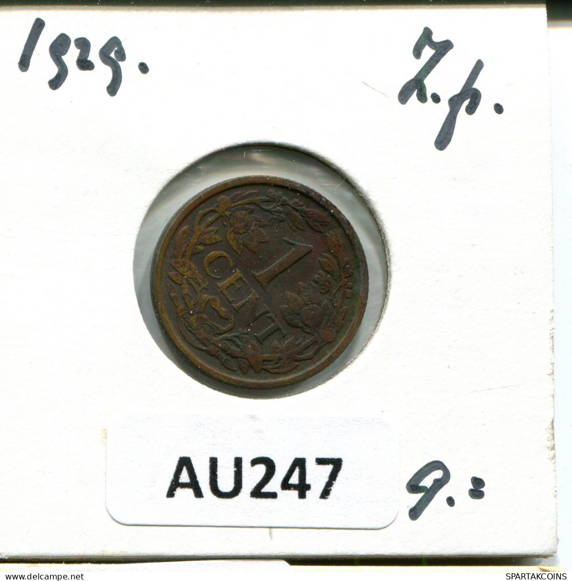 1 CENT 1929 NEERLANDÉS NETHERLANDS Moneda #AU247 - 1 Cent