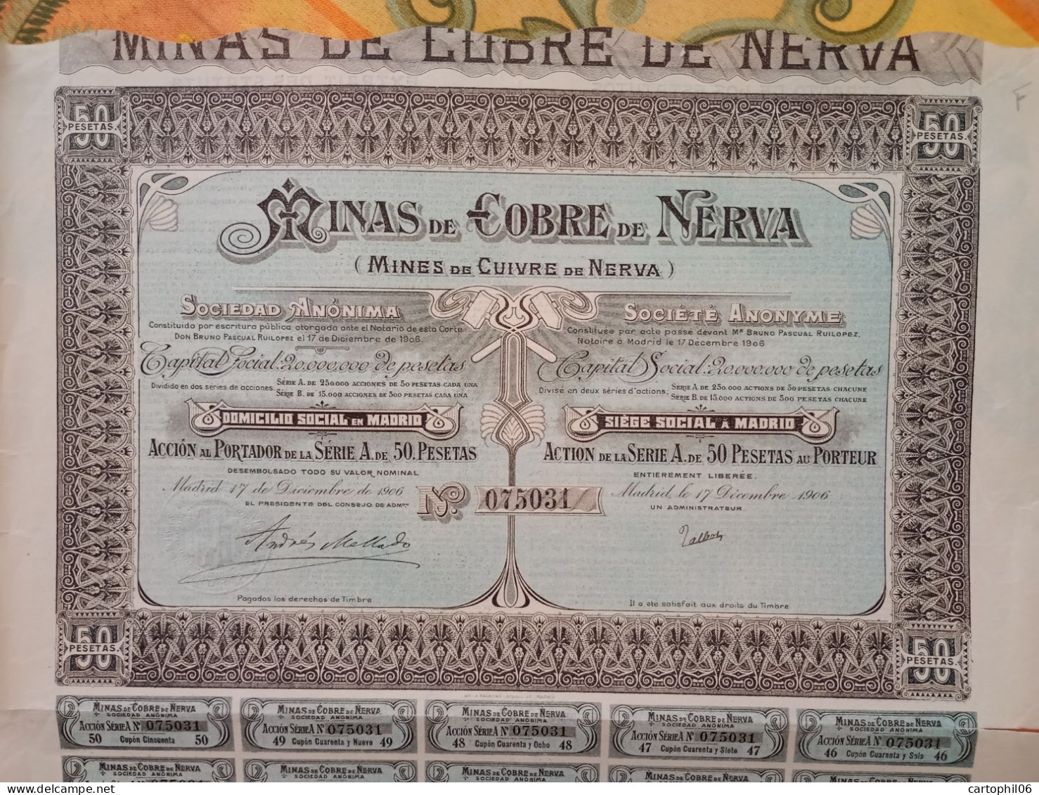 - ACTION MINES DE CUIVRE DE NERVA 1906 - - Bergbau