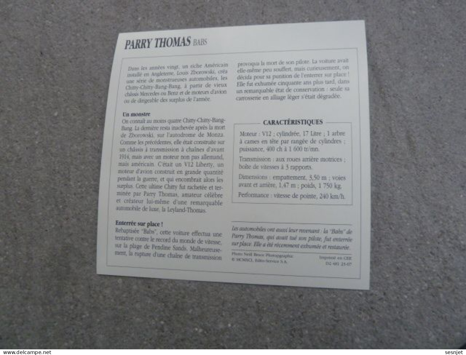 1923 - Voitures Exceptionnelles - Parry Thomas Babs - Moteur V12, 1 Arbre à Cames  - Grande-Bretagne - Fiche Technique - - Automobili