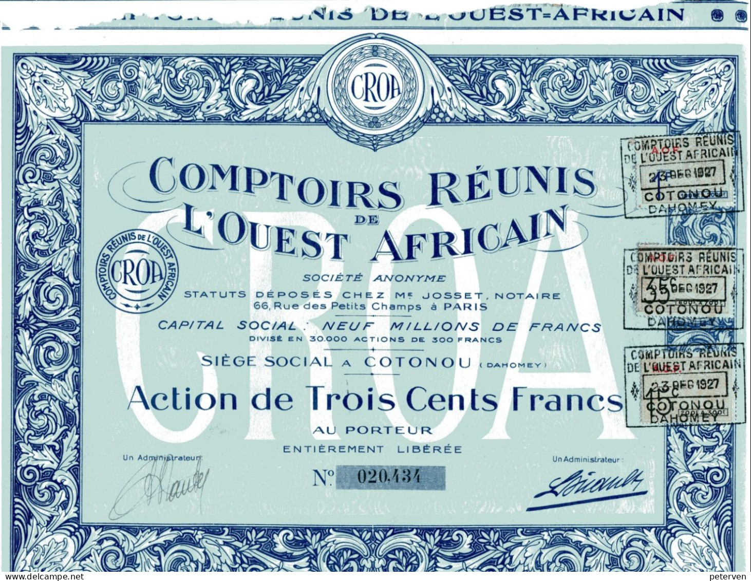 COMPTOIRS RÉUNIS De L'OUEST AFRICAIN; Action De 300 Francs (Dahomey) - Sin Clasificación
